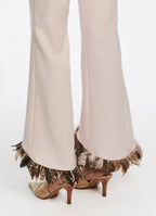 SCHOENBACH feather-detailed stretch-wool flared trousers in ecru, hem detail showing feather trim