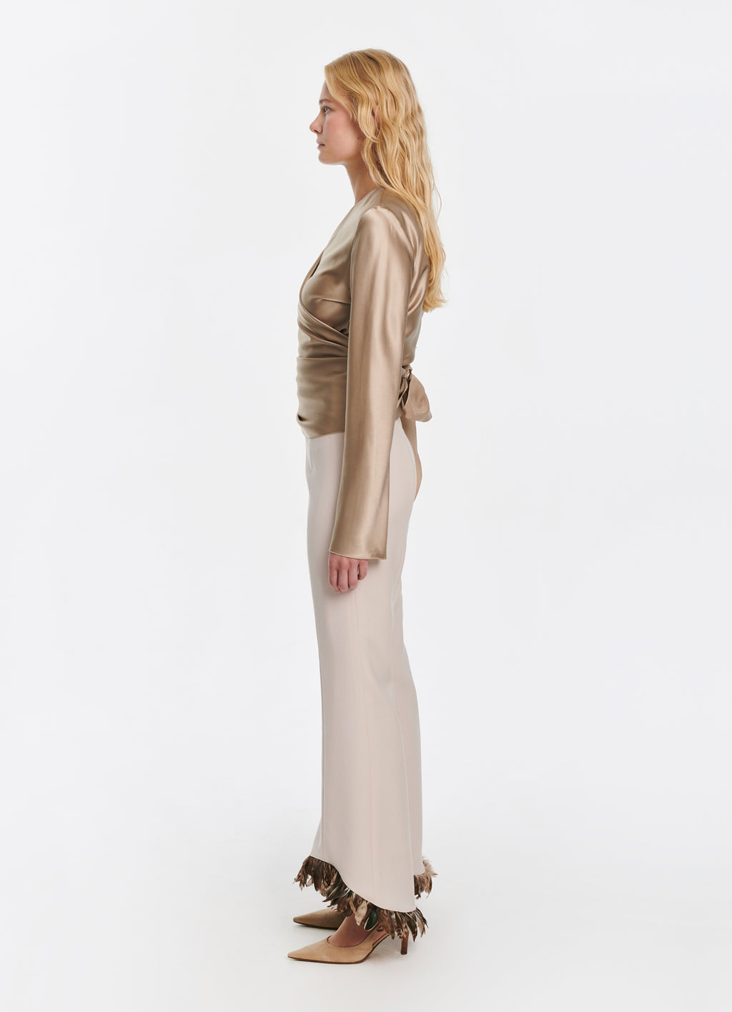 SCHOENBACH feather-detailed stretch-wool flared trousers in ecru, side view