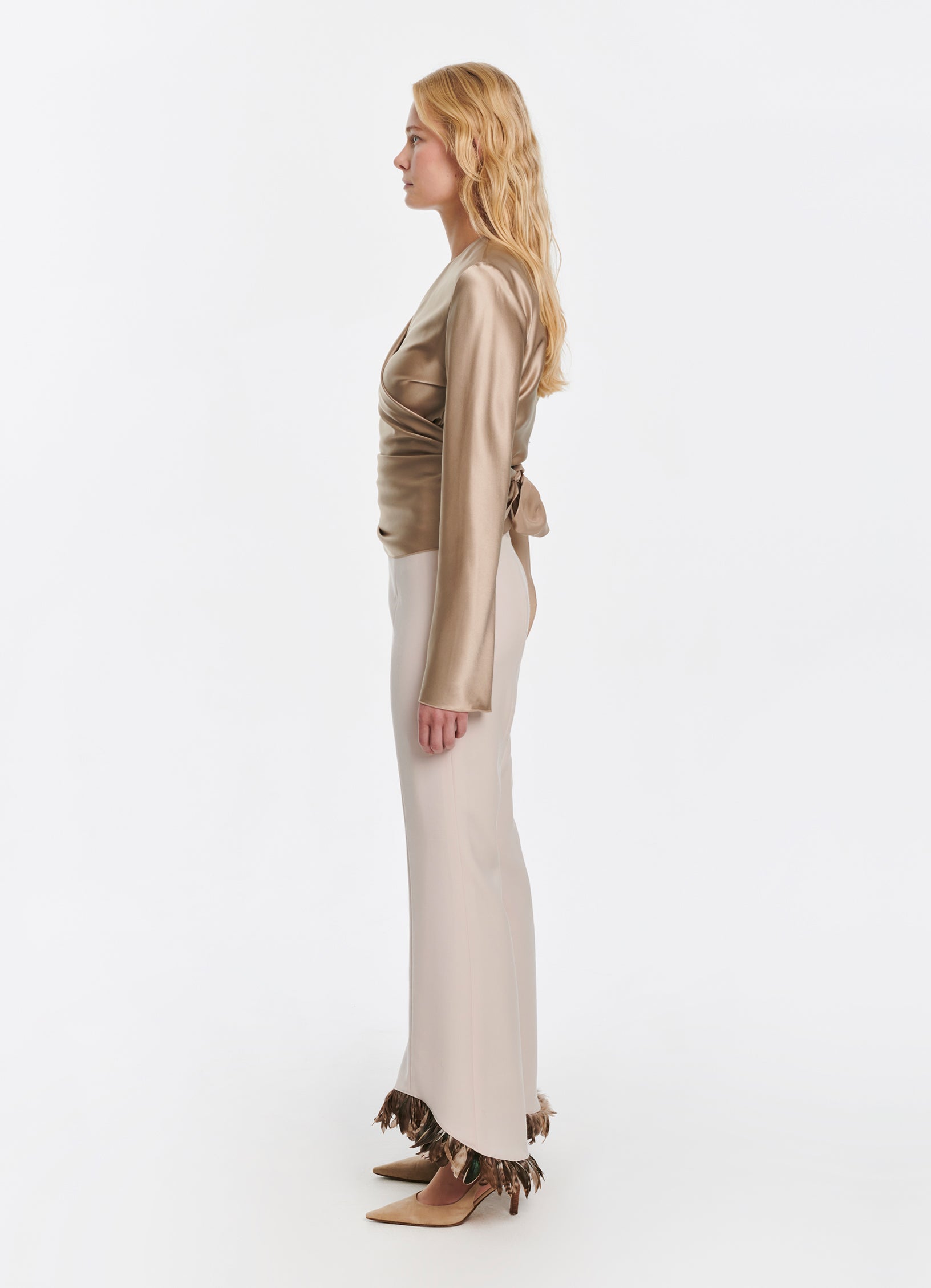 SCHOENBACH feather-detailed stretch-wool flared trousers in ecru, side view