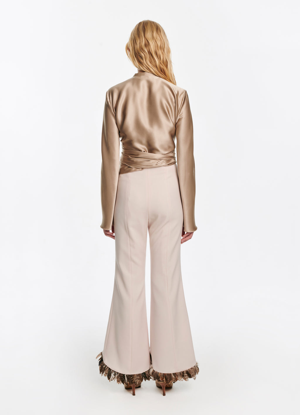 SCHOENBACH feather-detailed stretch-wool flared trousers in ecru, back view