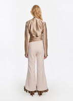 SCHOENBACH feather-detailed stretch-wool flared trousers in ecru, back view