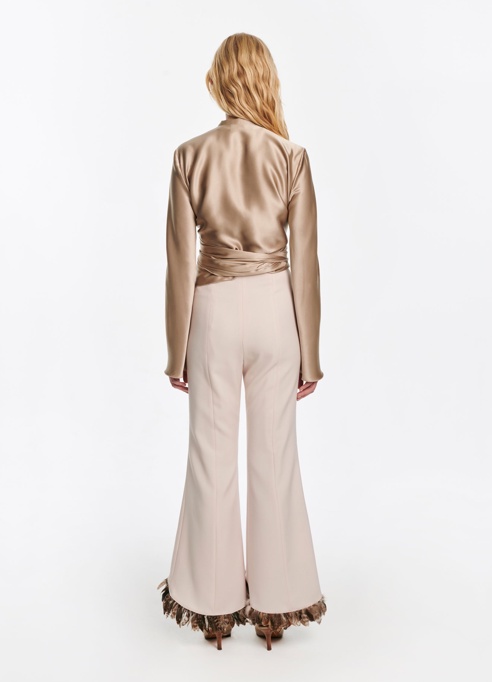 SCHOENBACH feather-detailed stretch-wool flared trousers in ecru, back view