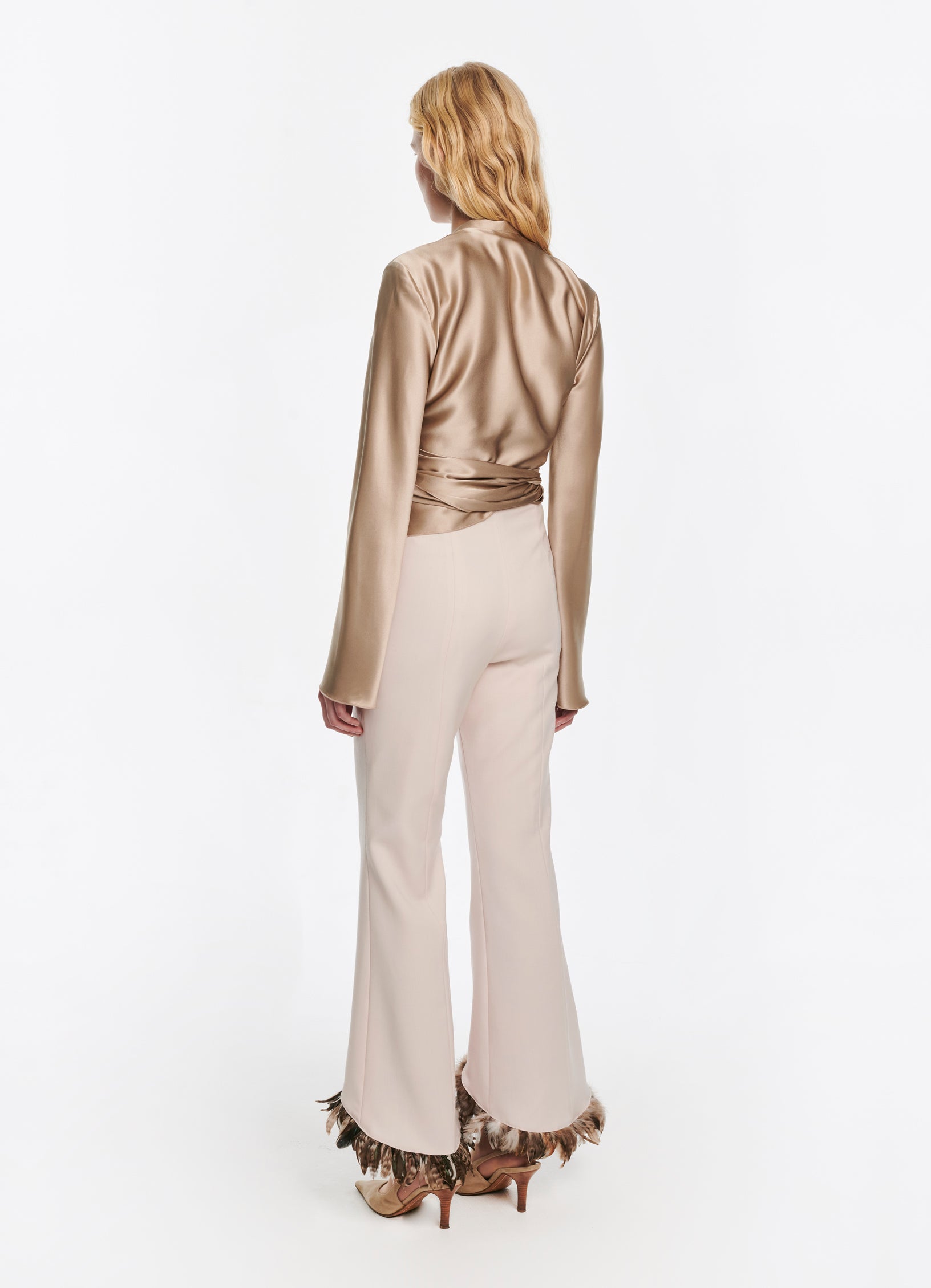 SCHOENBACH feather-detailed stretch-wool flared trousers in ecru, three-quarter view