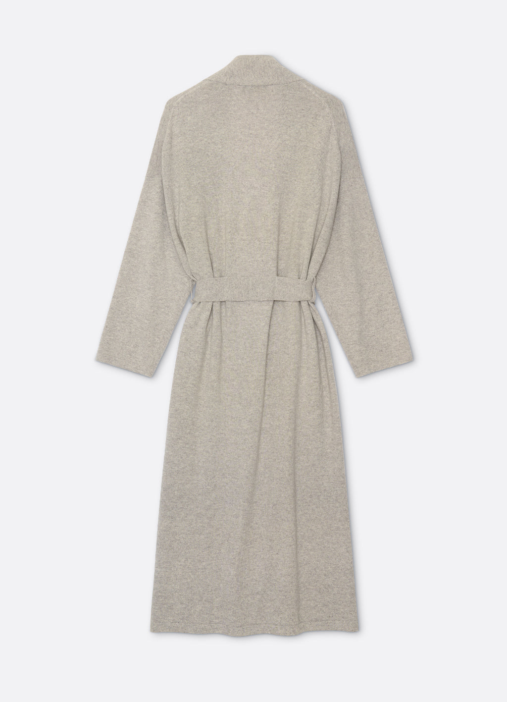 Back view of a long wrap cardigan in grey mélange with a self-tie belt and patch pockets.