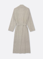 Back view of a long wrap cardigan in grey mélange with a self-tie belt and patch pockets.