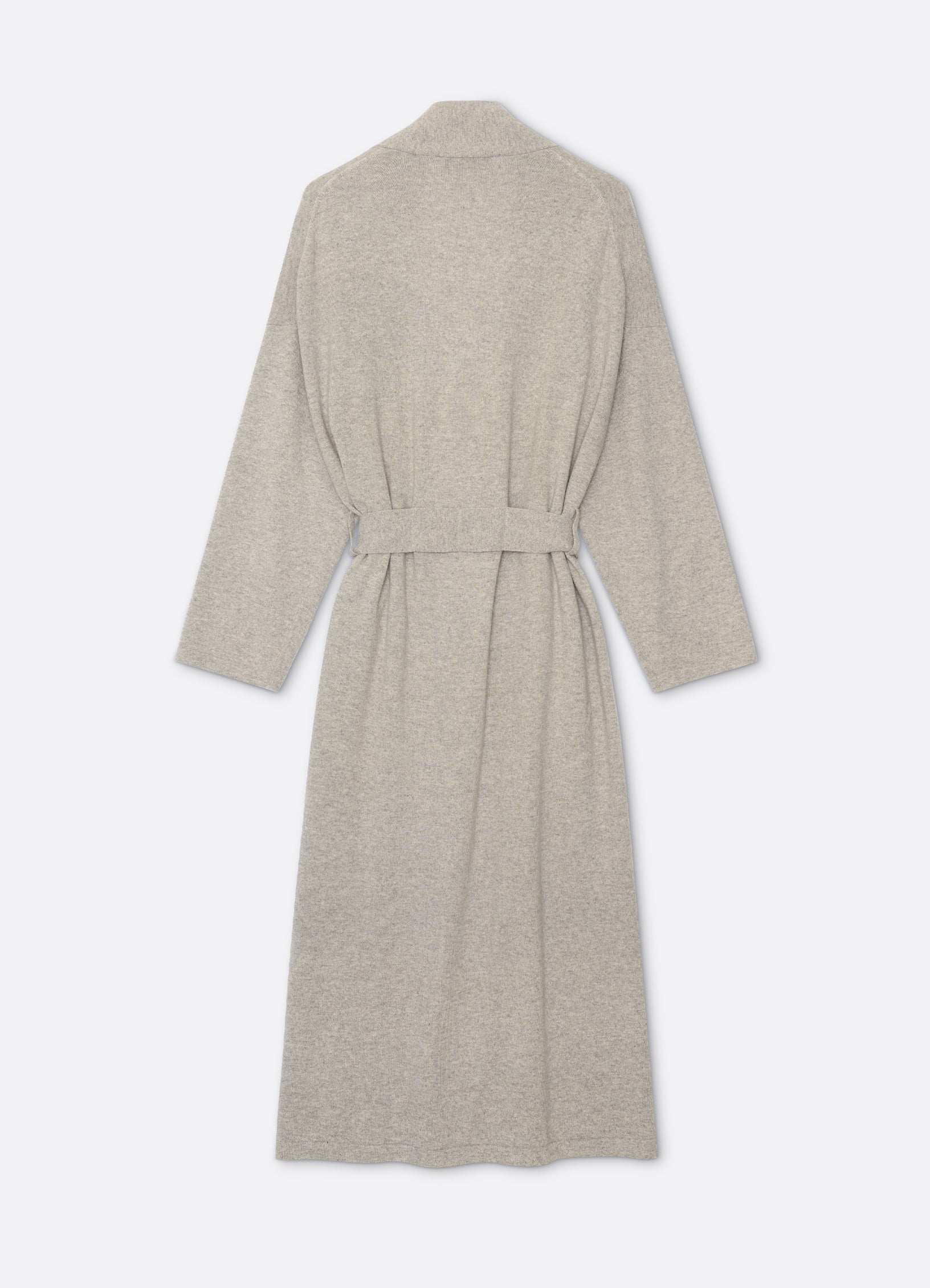 Back view of a long wrap cardigan in grey mélange with a self-tie belt and patch pockets.