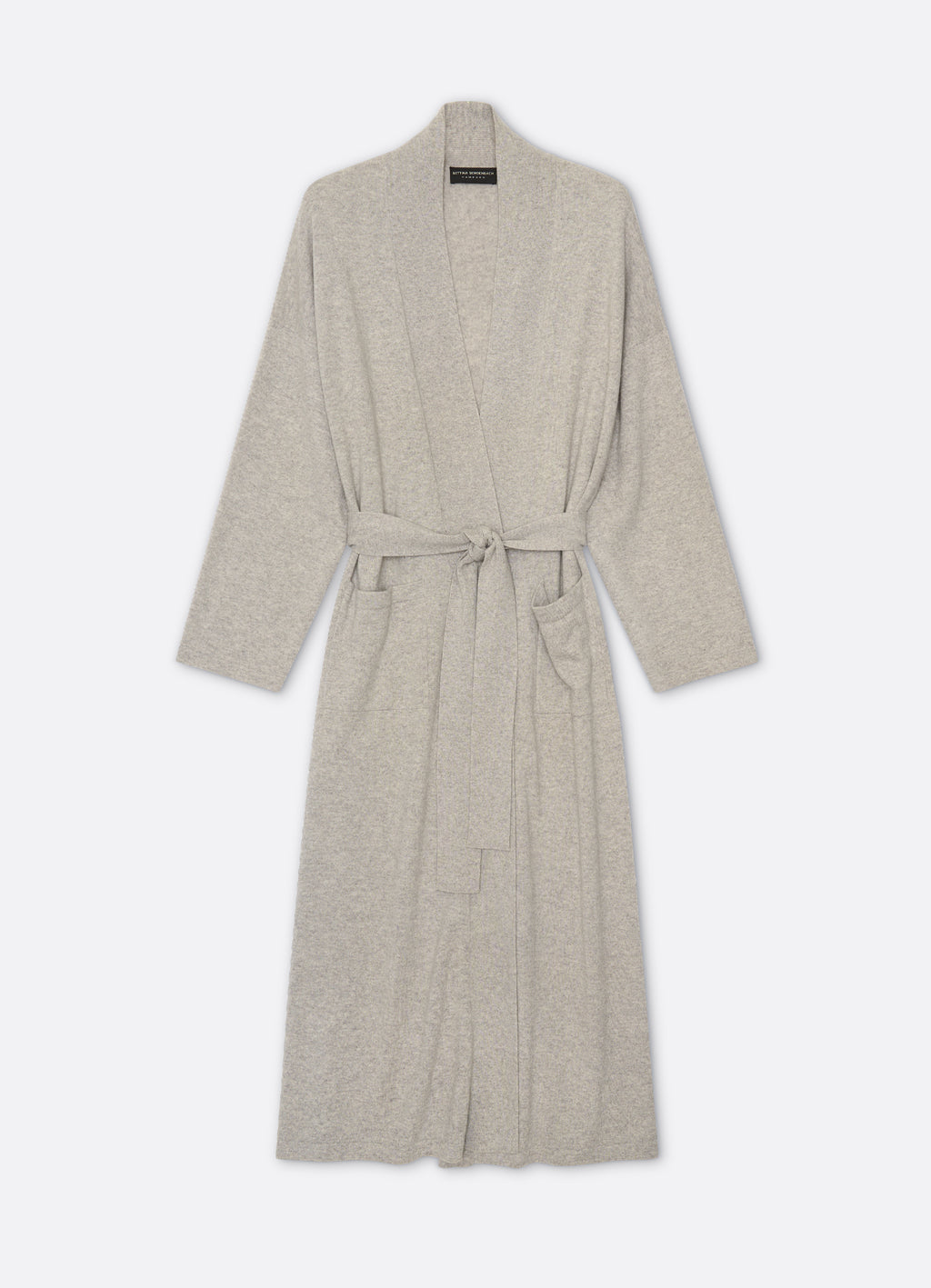 Front view of a long cashmere cardigan in soft grey mélange with a relaxed silhouette and shawl collar.