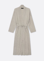 Front view of a long cashmere cardigan in soft grey mélange with a relaxed silhouette and shawl collar.