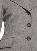 Close-up of SCHOENBACH wool jacket buttons in grey melange Loro Piana fabric