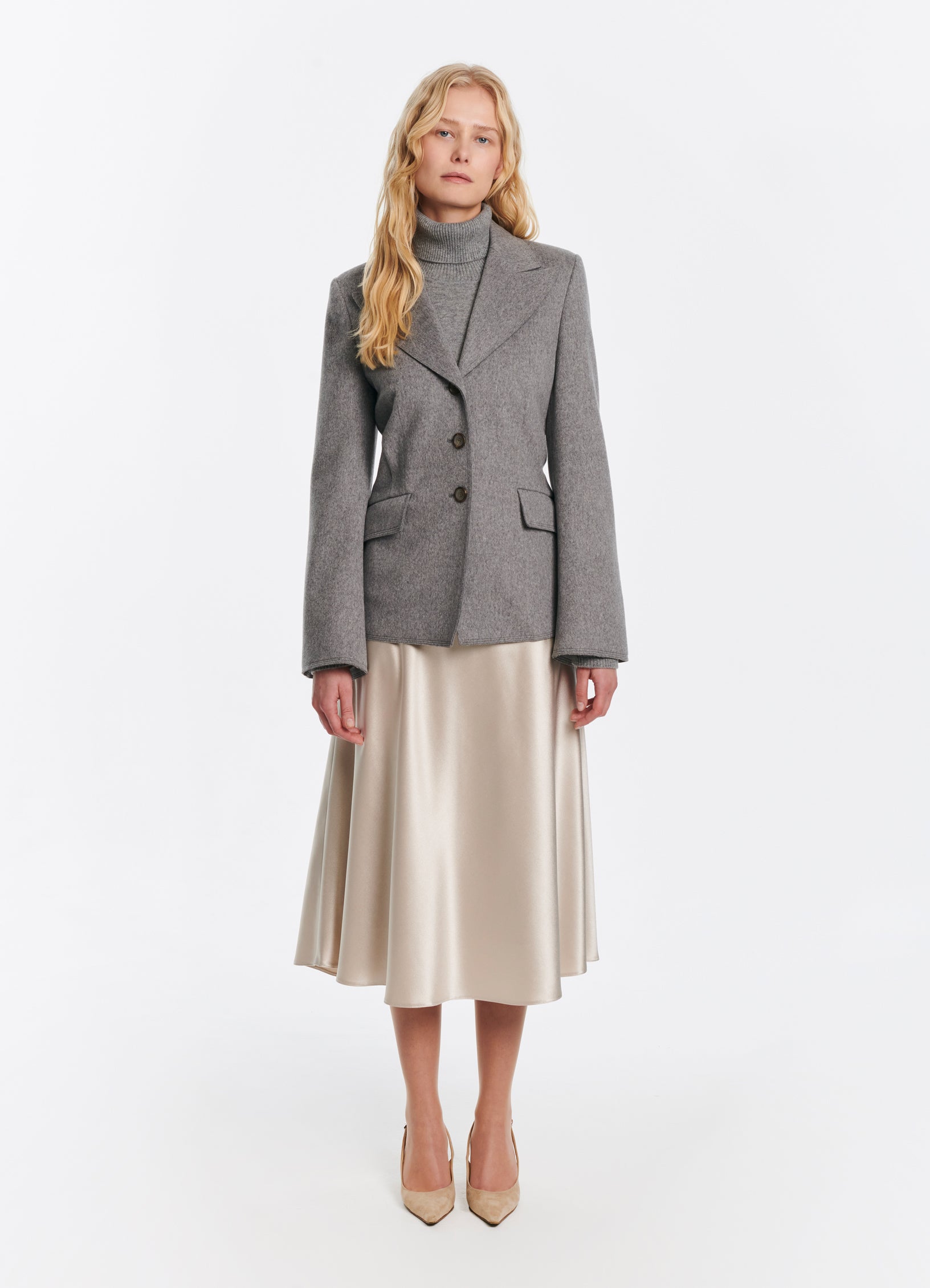 SCHOENBACH grey melange wool jacket in Loro Piana fabric with peak lapels and structured shoulders, front view