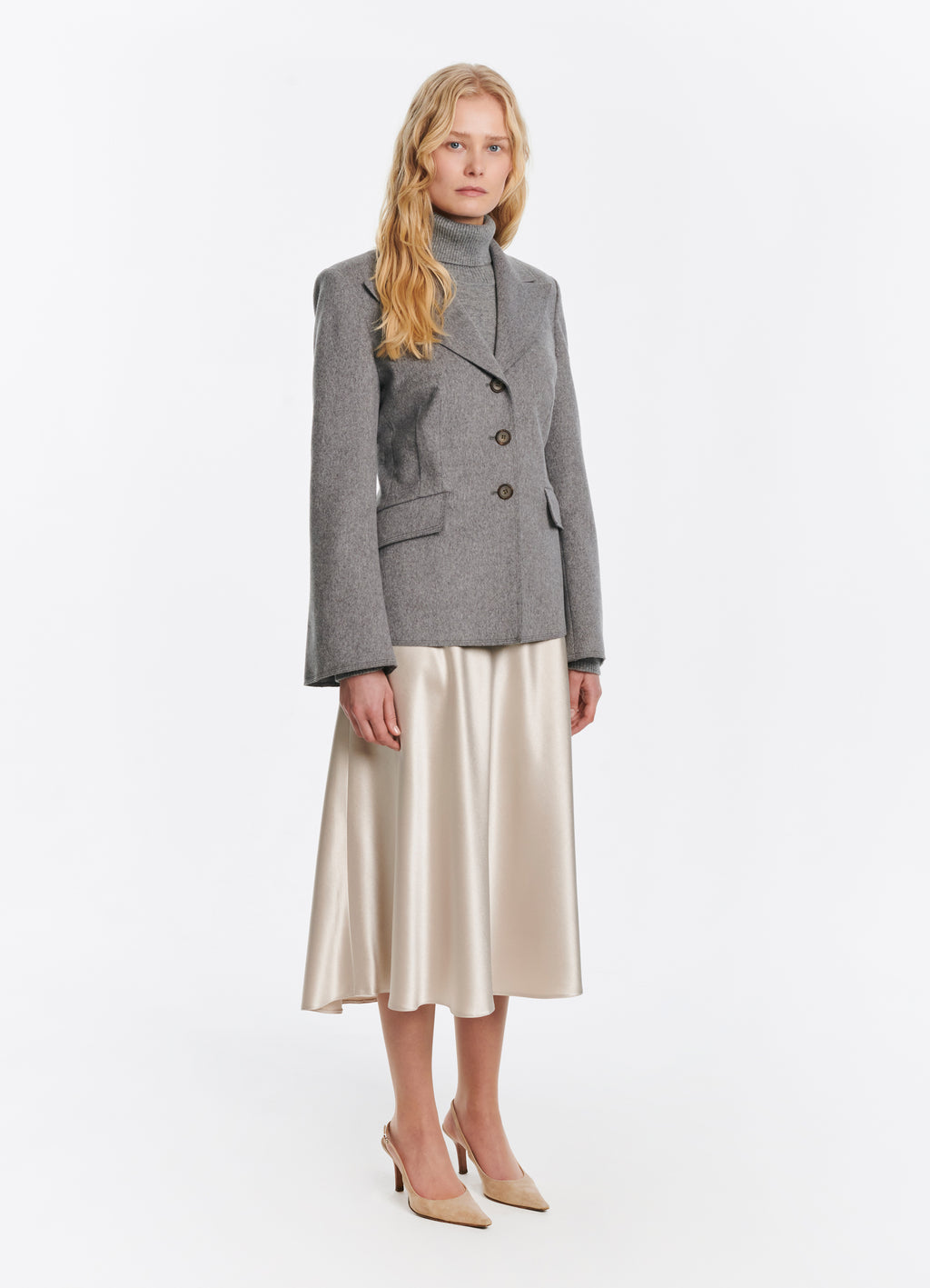SCHOENBACH grey melange wool jacket styled with ivory skirt, full-length front view