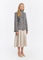 SCHOENBACH grey melange wool jacket styled with ivory skirt, full-length front view