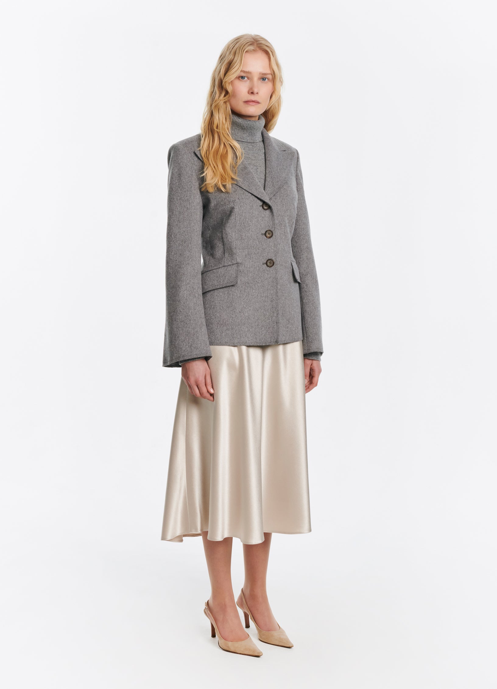 SCHOENBACH grey melange wool jacket styled with ivory skirt, full-length front view