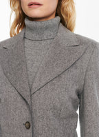Detail of SCHOENBACH grey wool jacket with wide peak lapels and tailored front