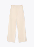 Back view of ivory satin wide-leg trousers with smooth, minimal finish
