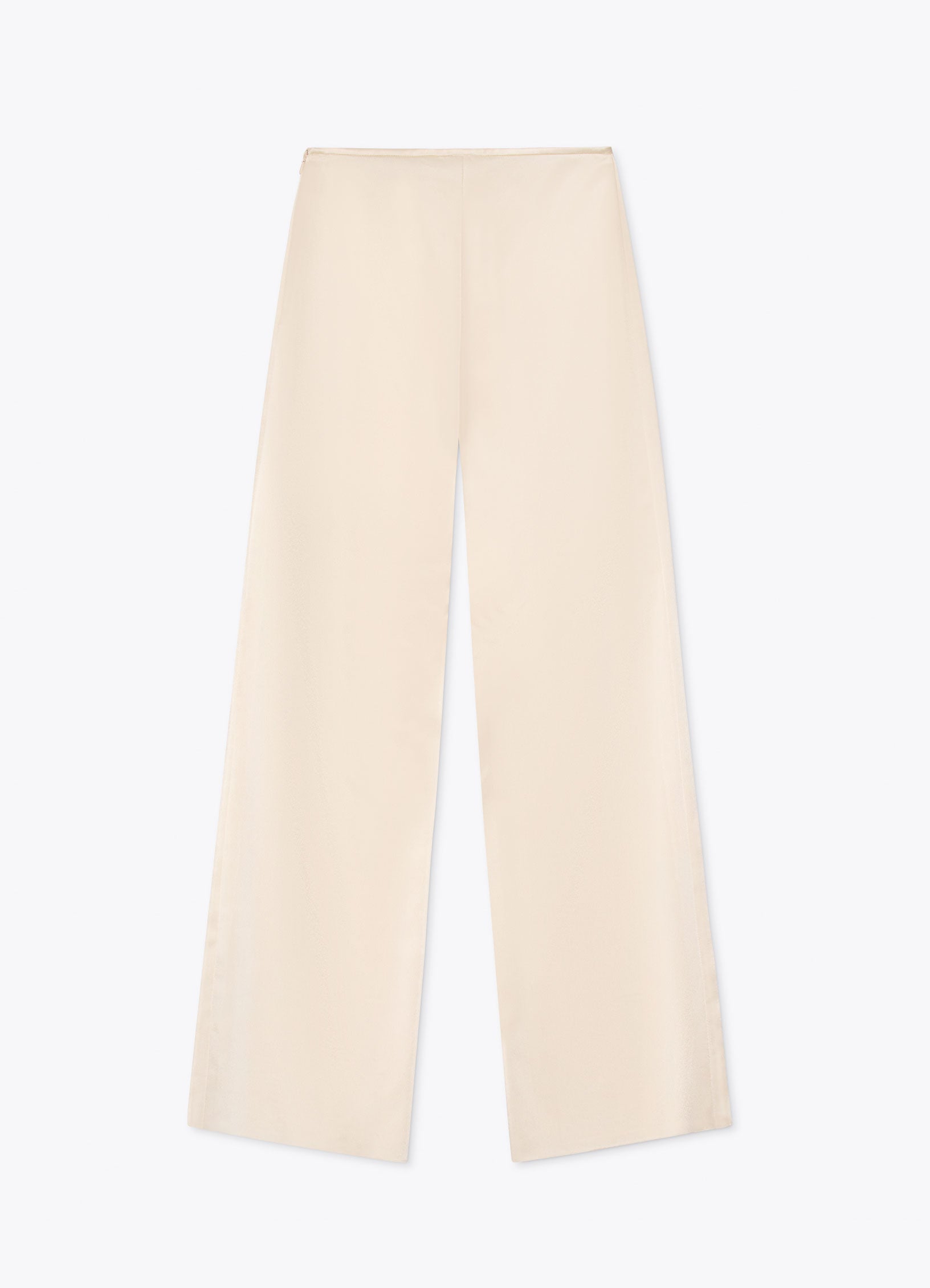 Back view of ivory satin wide-leg trousers with smooth, minimal finish