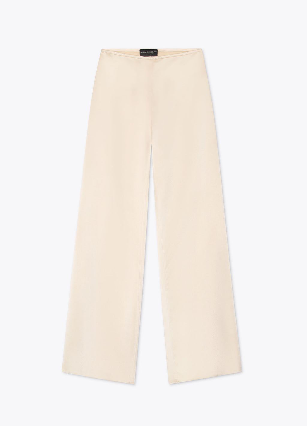 Ivory satin wide-leg trousers with fluid drape and clean silhouette