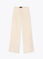 Ivory satin wide-leg trousers with fluid drape and clean silhouette