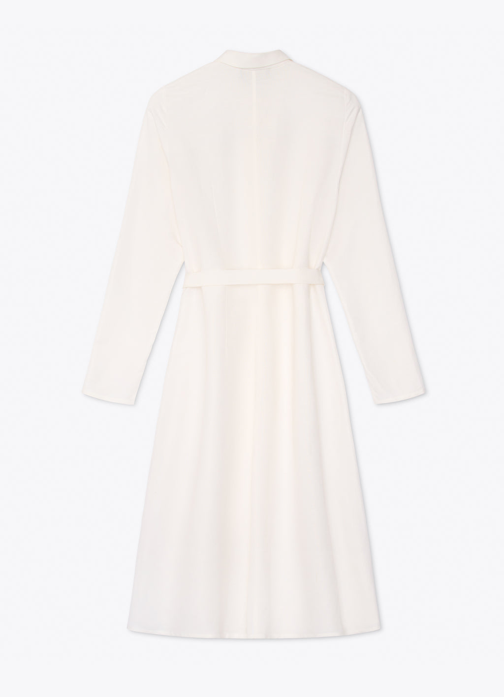 White midi shirt dress with soft A-line silhouette, back view