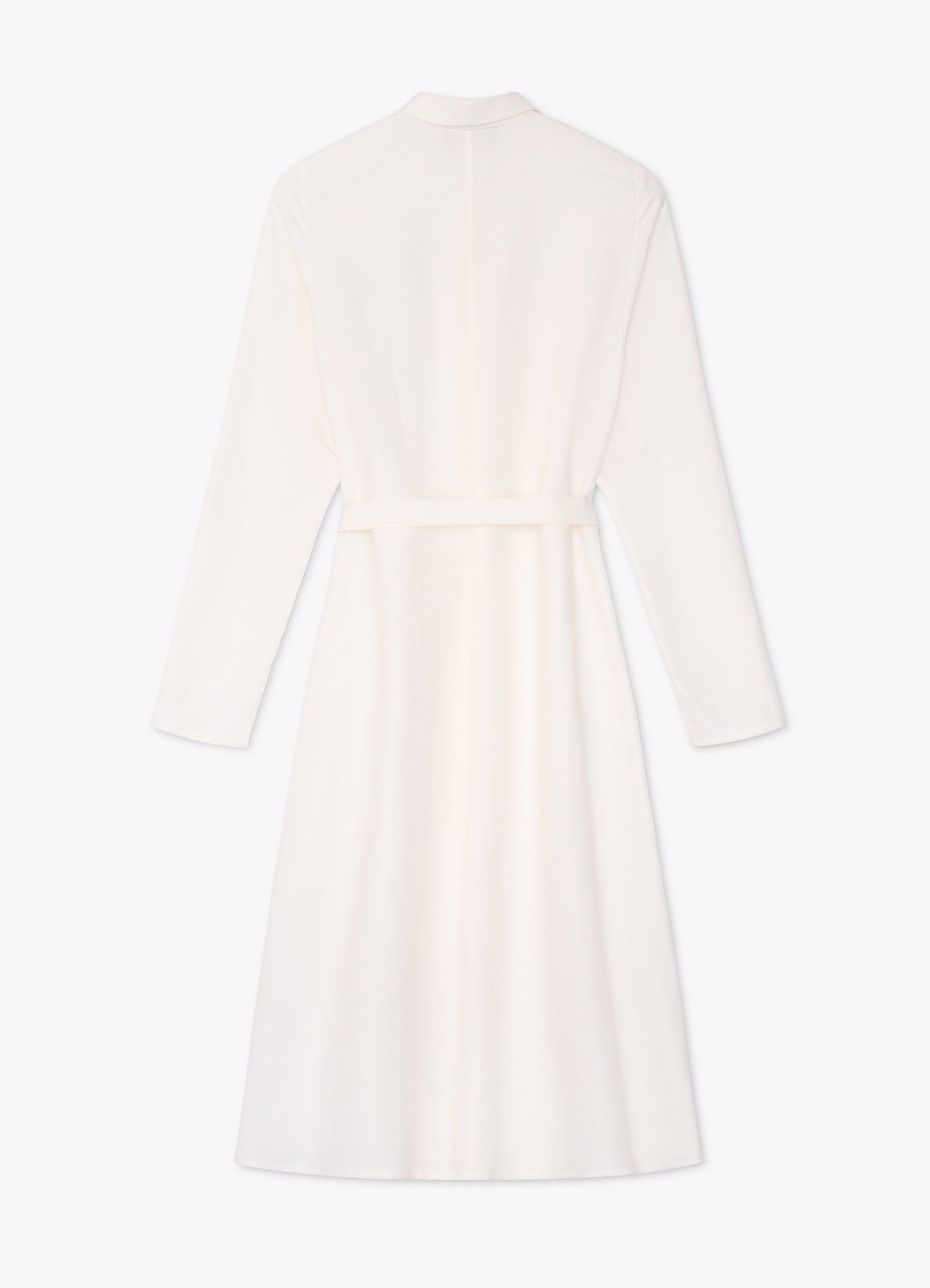 White midi shirt dress with soft A-line silhouette, back view