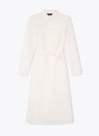 White belted midi shirt dress with soft A-line silhouette
