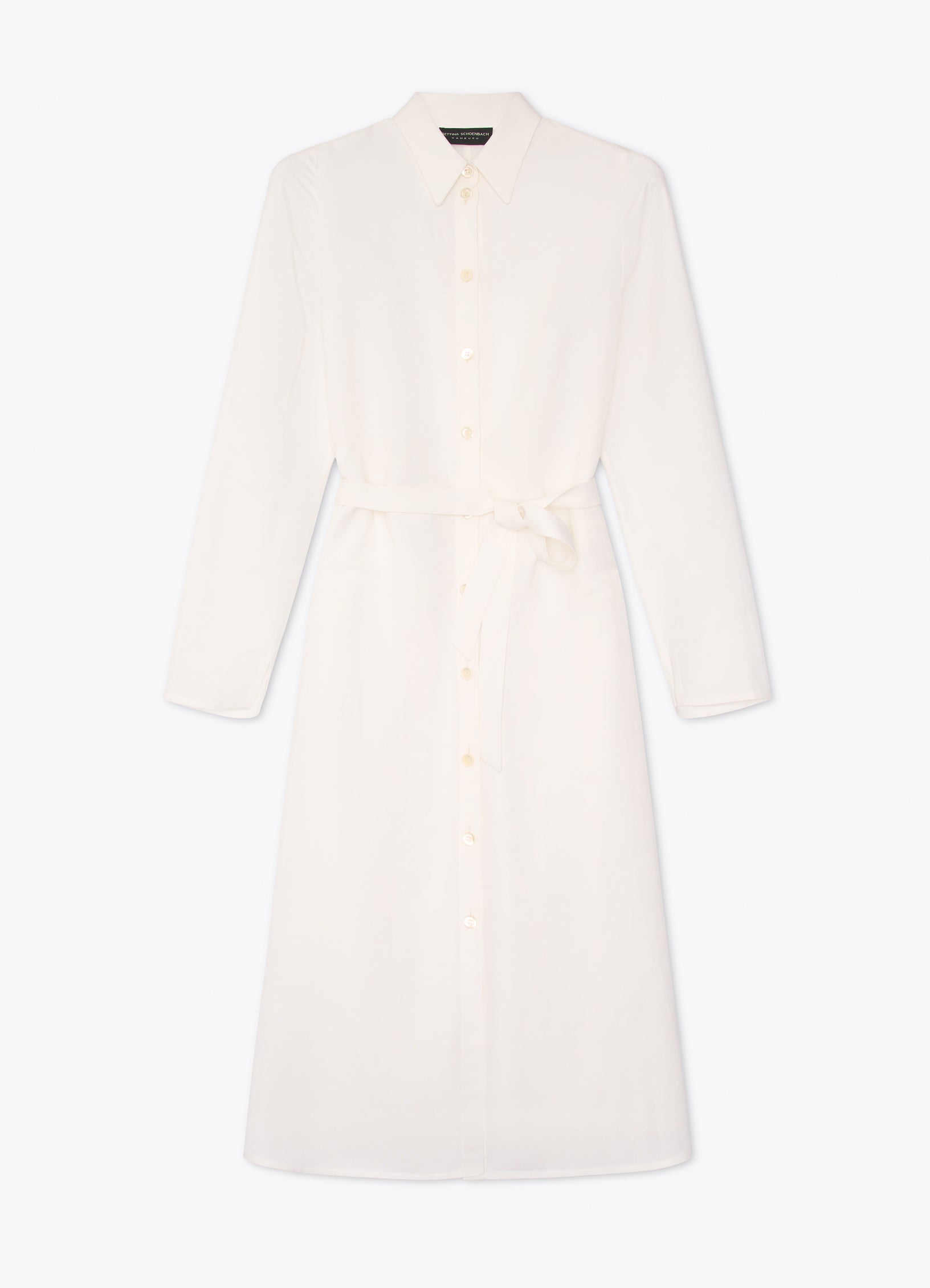 White belted midi shirt dress with soft A-line silhouette