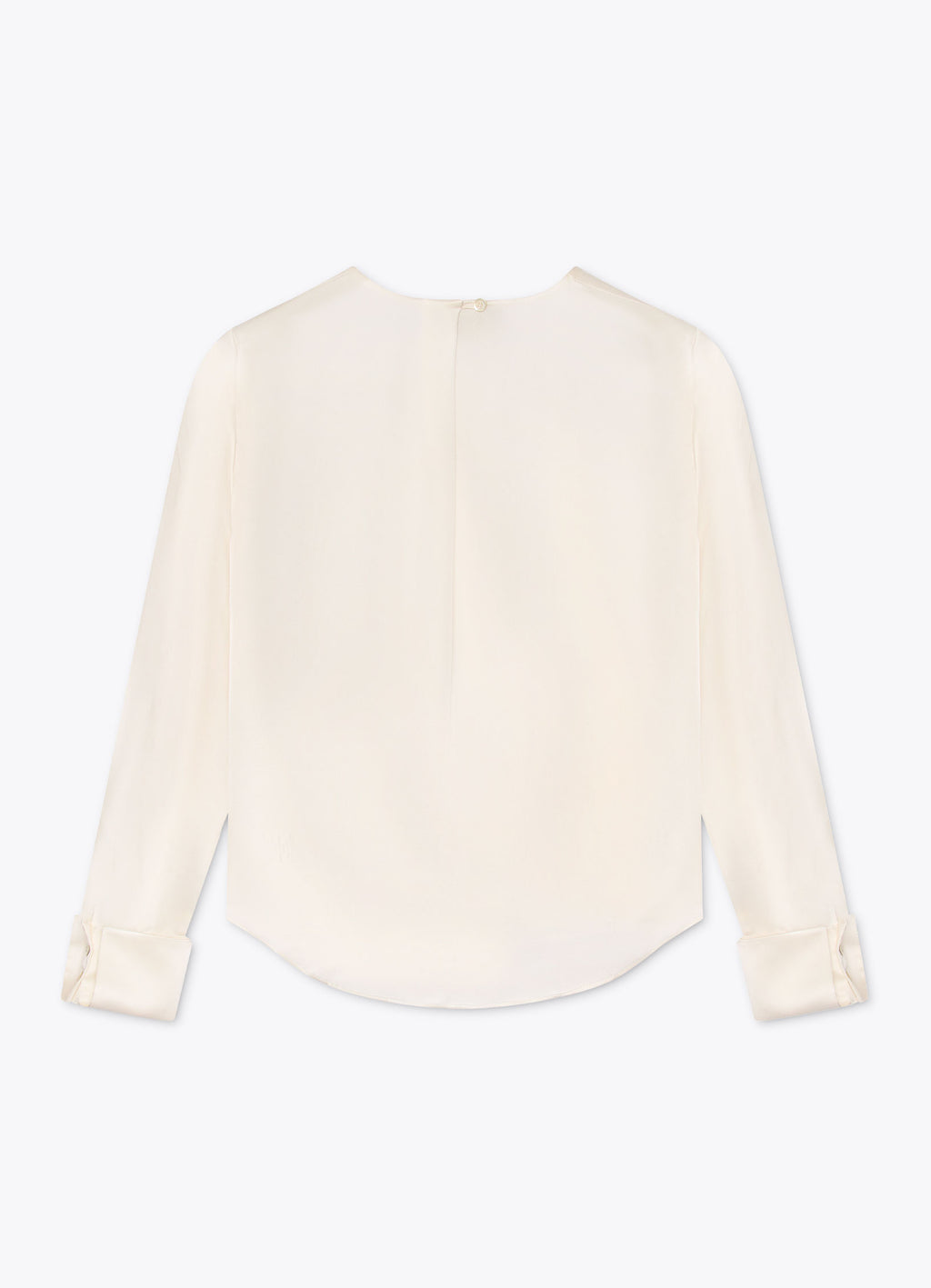 Pleat-detailed silk blouse in white back view with curved hem and button fastening