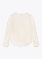 Pleat-detailed silk blouse in white back view with curved hem and button fastening