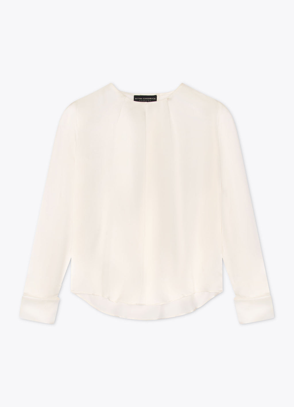 Pleat-detailed silk blouse in white front view with long sleeves and extended cuffs
