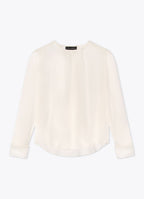 Pleat-detailed silk blouse in white front view with long sleeves and extended cuffs