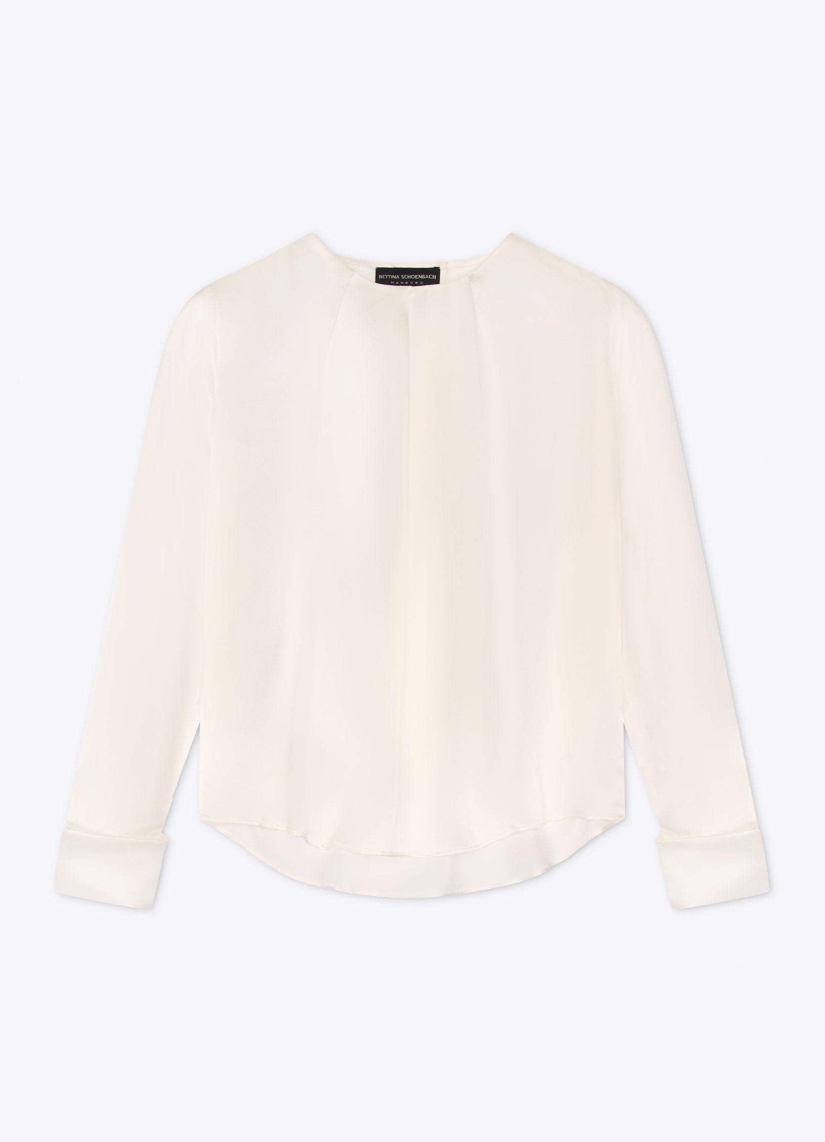 Pleat-detailed silk blouse in white front view with long sleeves and extended cuffs
