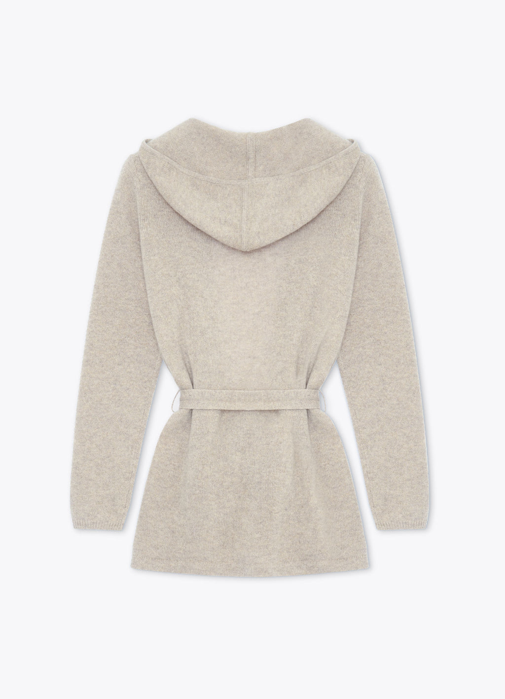 Light brown cashmere hooded cardigan, back view