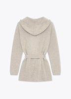 Light brown cashmere hooded cardigan, back view