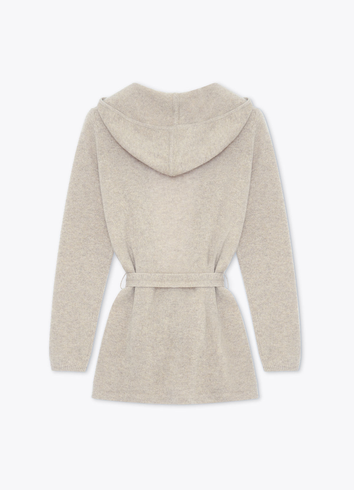 Light brown cashmere hooded cardigan, back view