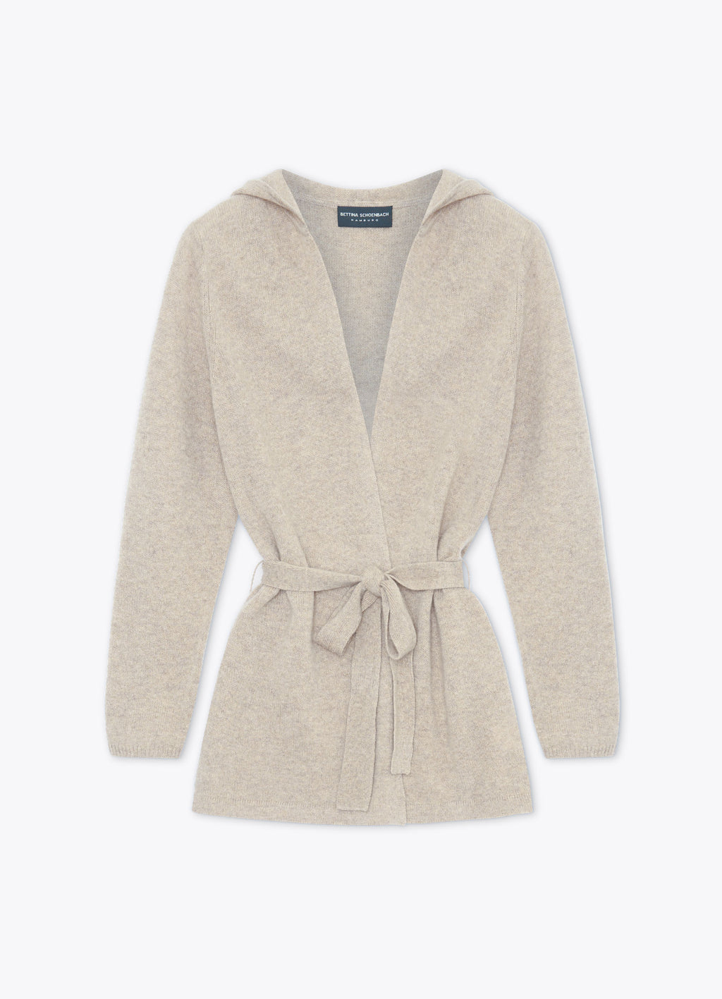 Light brown cashmere hooded cardigan, front view