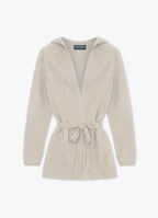 Light brown cashmere hooded cardigan, front view