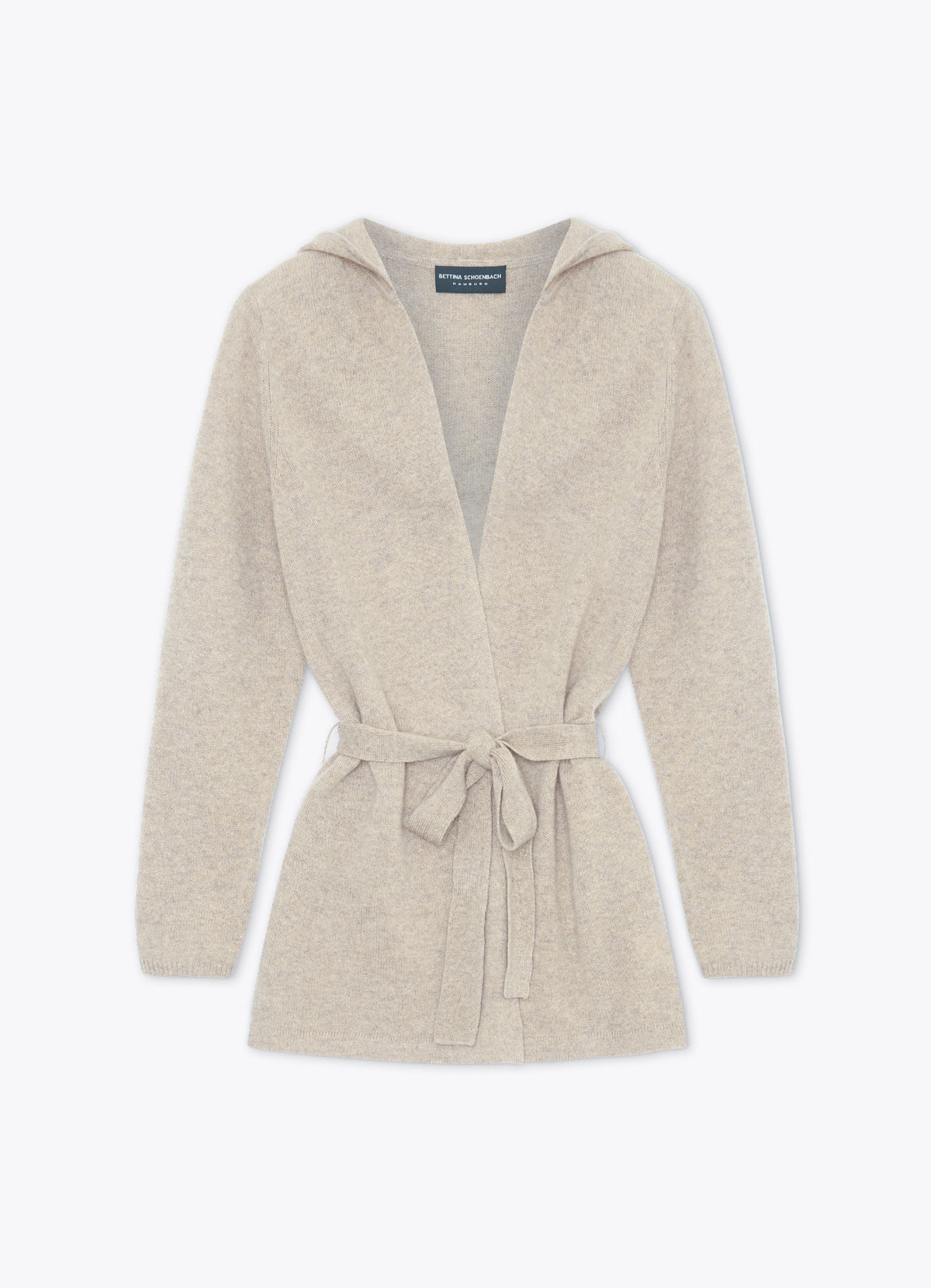 Light brown cashmere hooded cardigan, front view