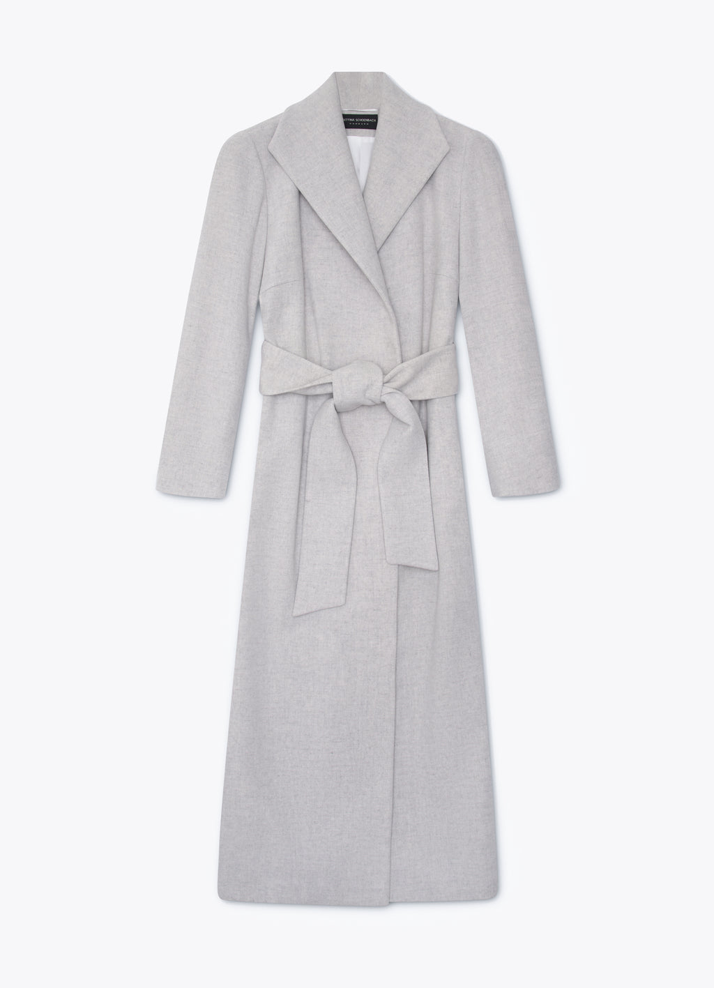 Light grey wool-cashmere coat with belt and elongated silhouette
