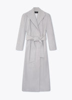 Light grey wool-cashmere coat with belt and elongated silhouette