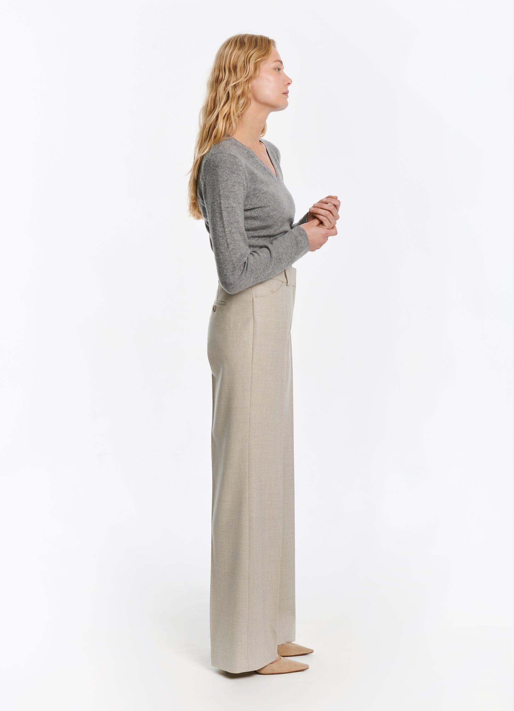 SCHOENBACH Loro Piana fabric wide-leg trousers in ecru, side full-length view