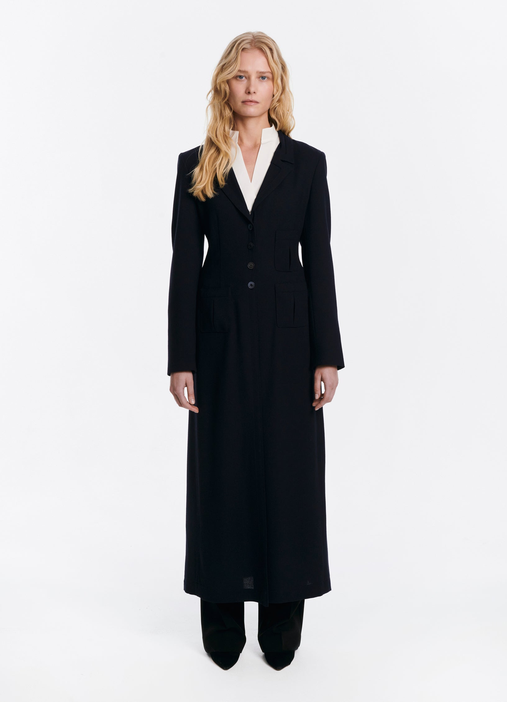 SCHOENBACH navy virgin wool longline coat with notched lapels and tailored waist, front view