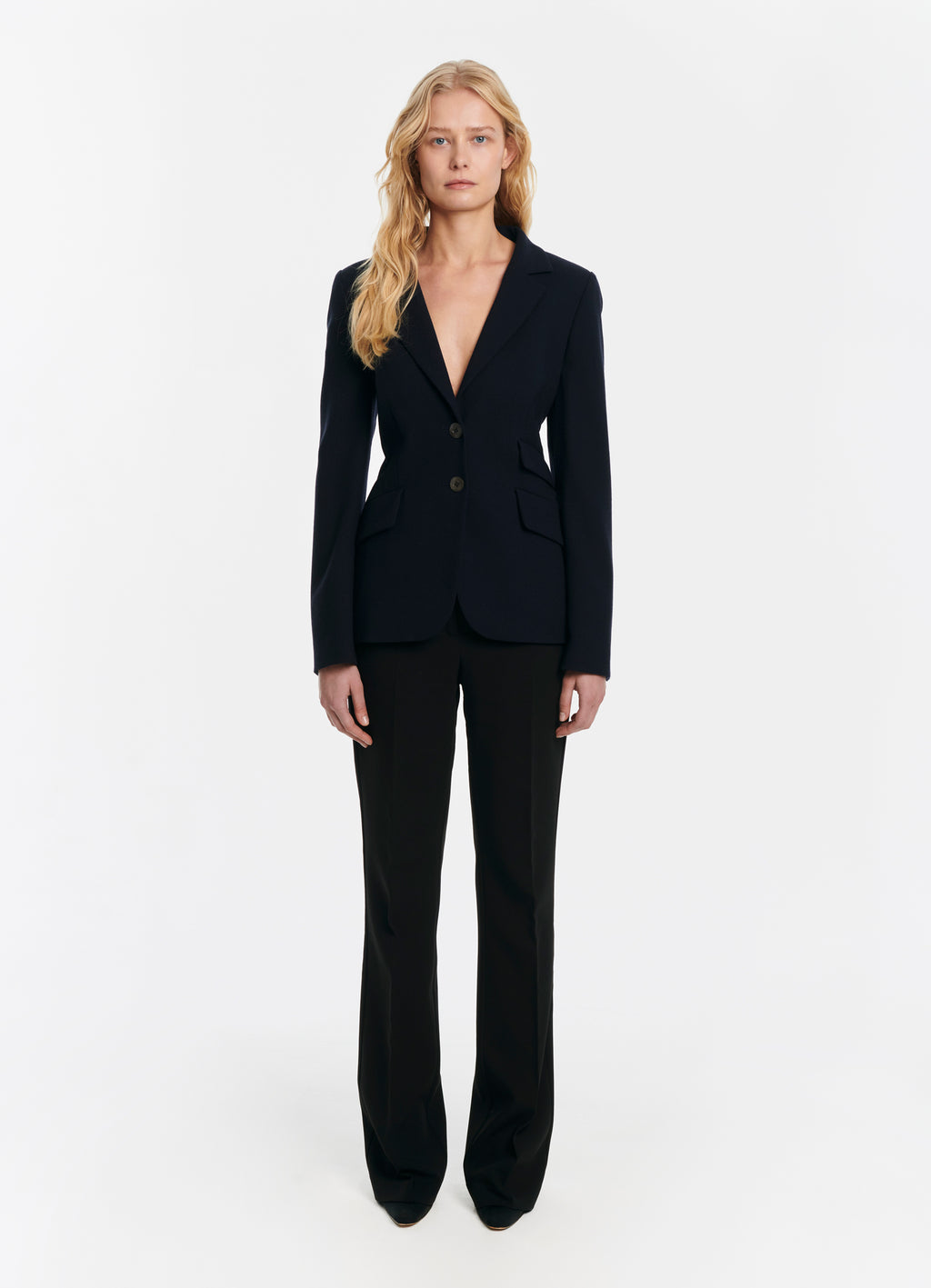 SCHOENBACH navy virgin wool tailored jacket with single-breasted closure, front view