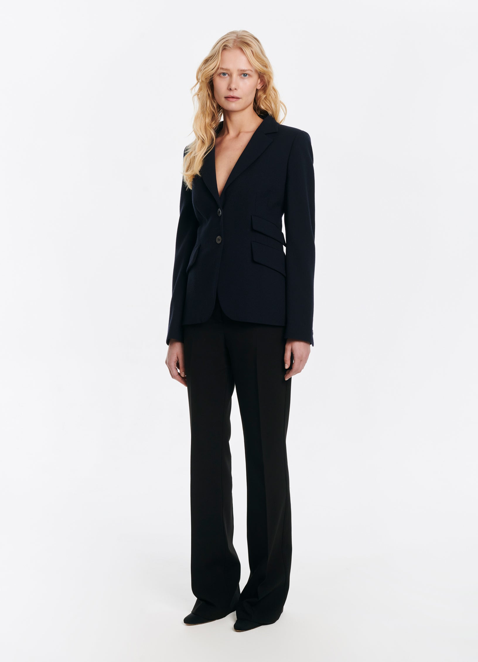 SCHOENBACH navy virgin wool tailored jacket, three-quarter front view
