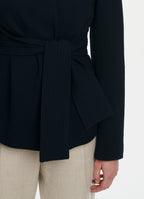 Close-up of SCHOENBACH wrap jacket waist belt with stitch detailing in navy virgin wool