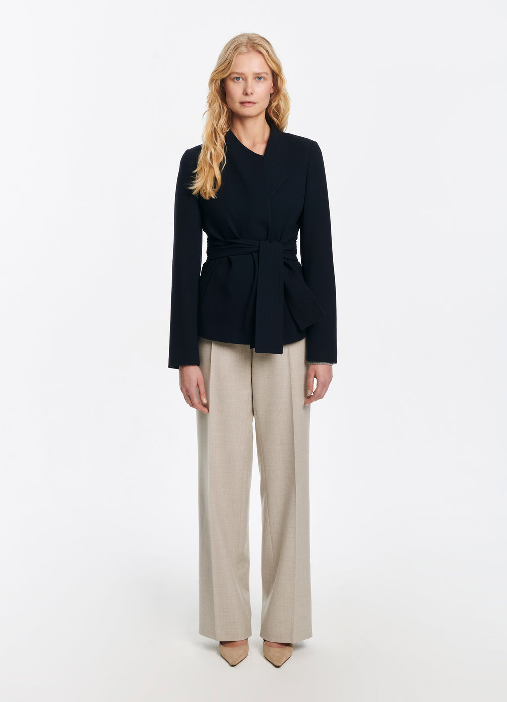 SCHOENBACH virgin wool wrap jacket in deep navy with sewn-on waist belt, full-length front view