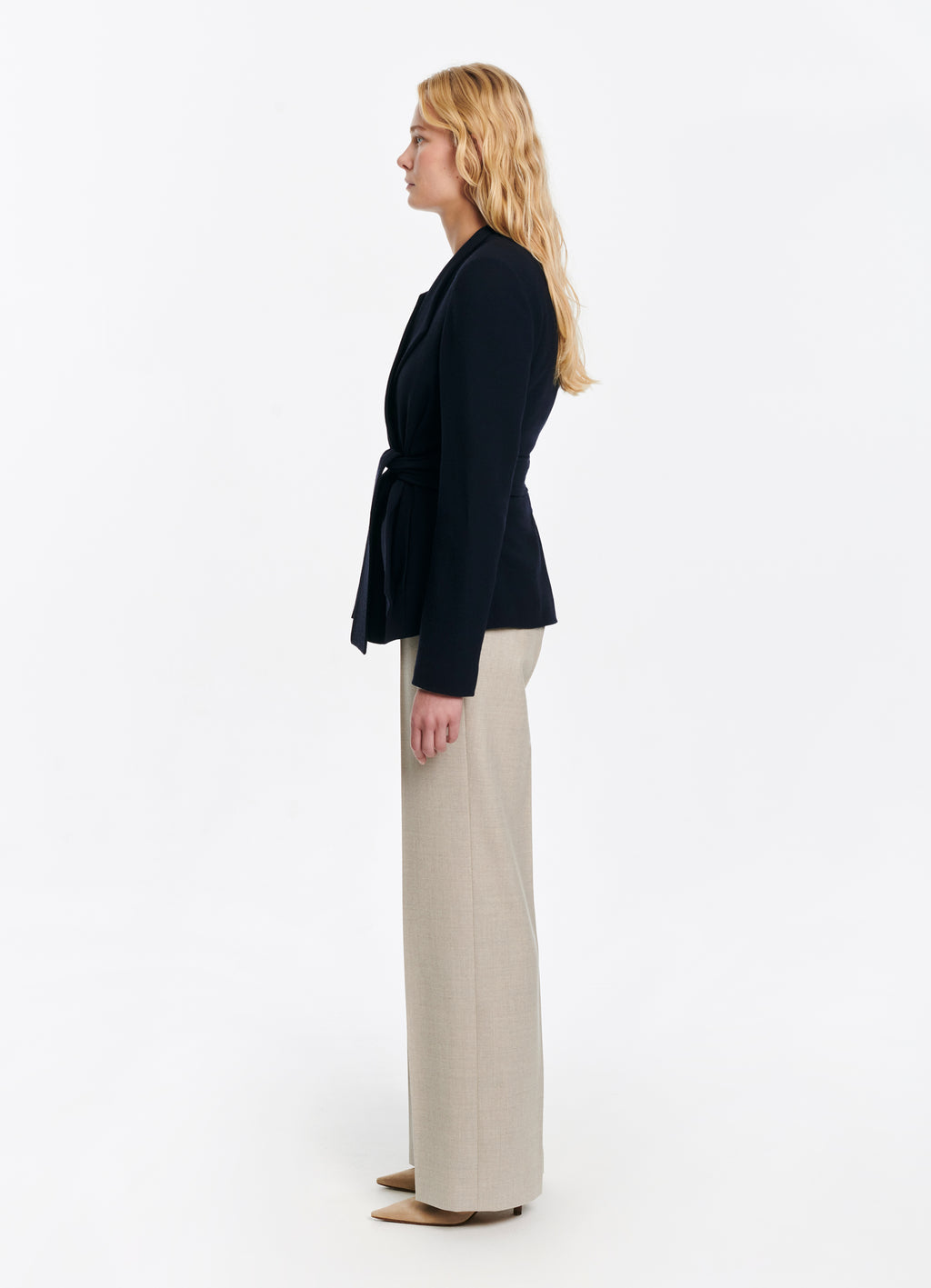 SCHOENBACH women’s navy wrap jacket in virgin wool, side profile with fitted waist