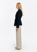 SCHOENBACH women’s navy wrap jacket in virgin wool, side profile with fitted waist