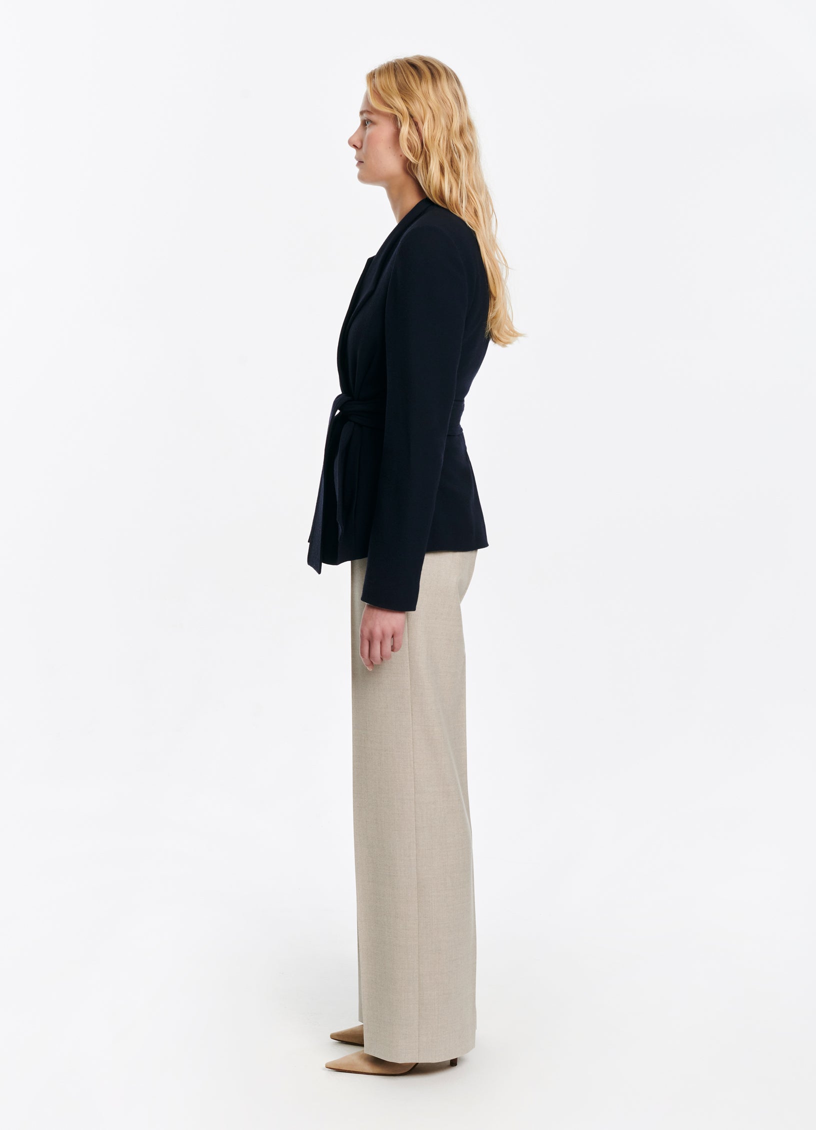 SCHOENBACH women’s navy wrap jacket in virgin wool, side profile with fitted waist