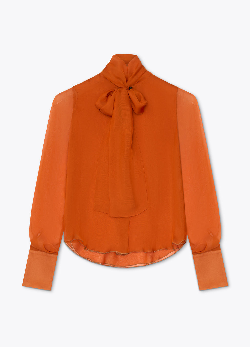 Burnt orange silk blouse with tie neckline, sheer sleeves and elongated cuffs