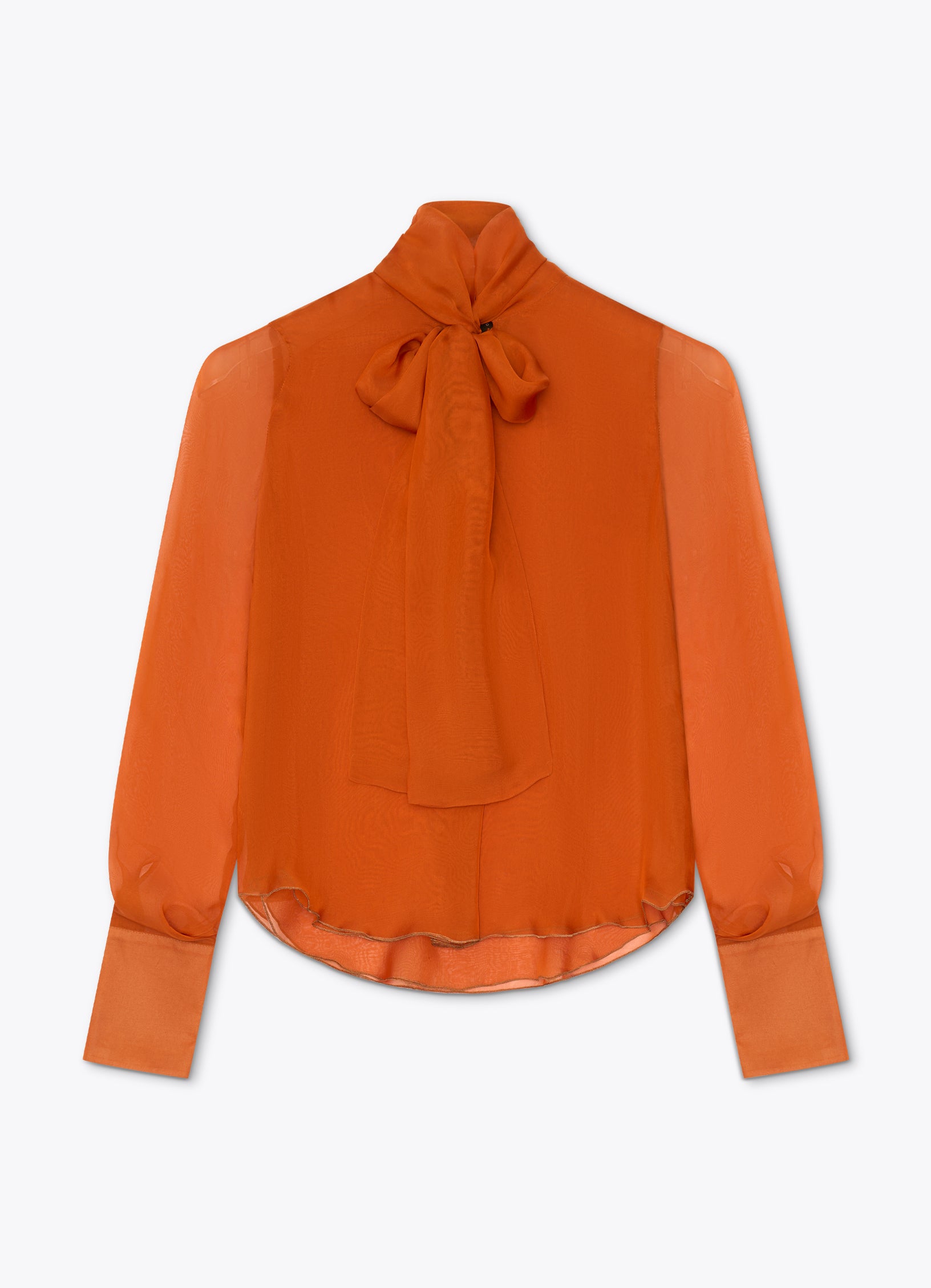 Burnt orange silk blouse with tie neckline, sheer sleeves and elongated cuffs